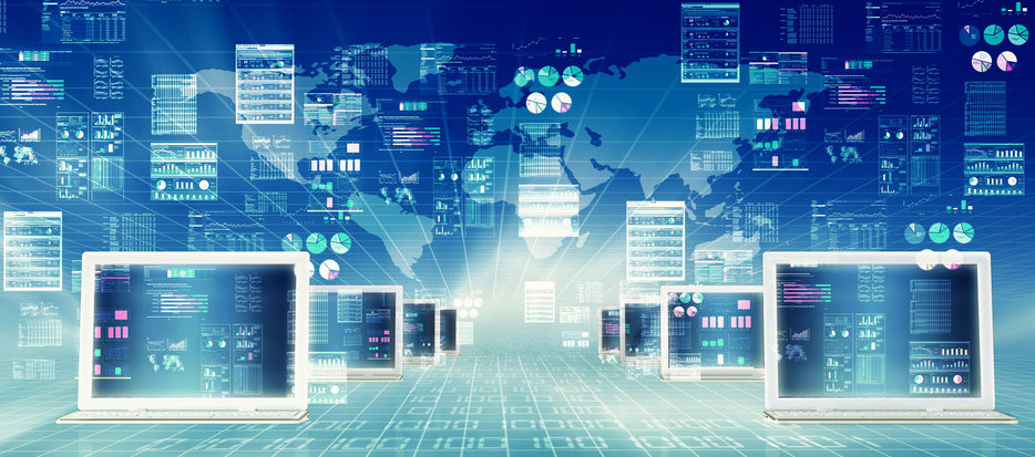 computer connected to global internet network and doing data processing